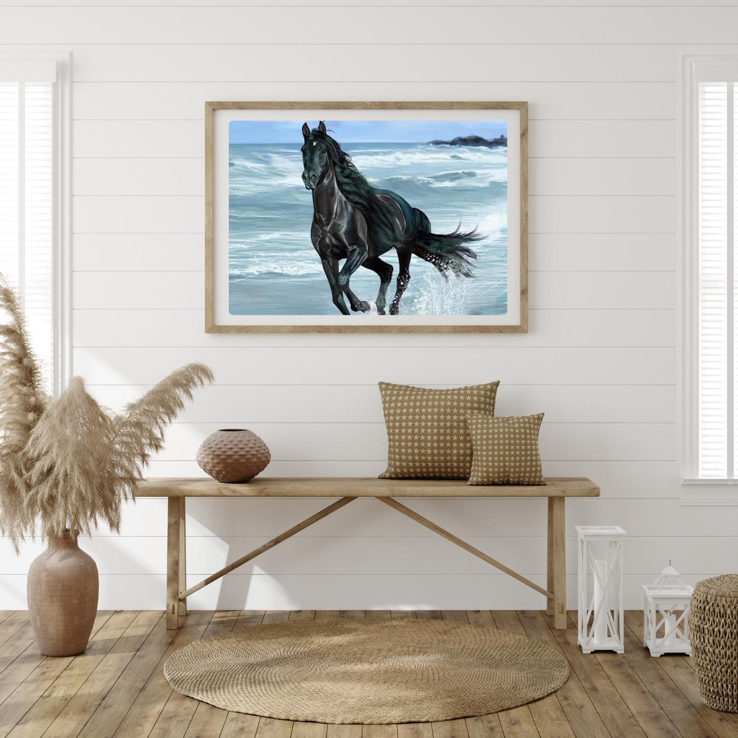 Broderie Diamant Cheval Noir et Mer